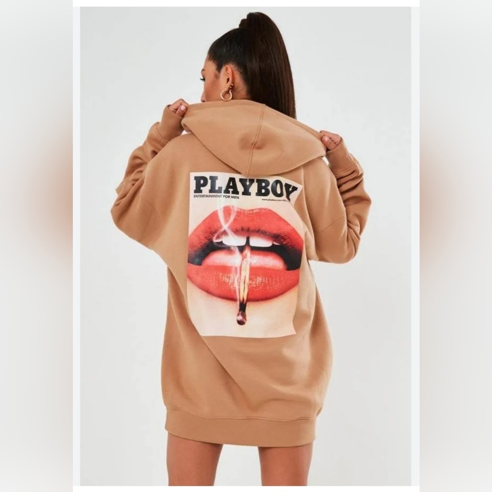 Playboy X Missguided Magazine Oversized Hooded Sweatshirt Dress Women Sz 8 Stone